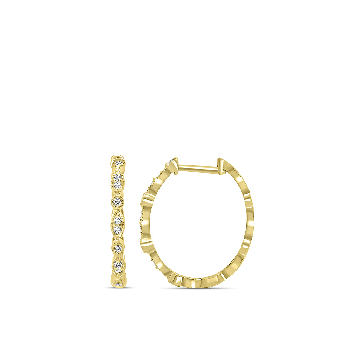 14KY 0.15 Ctw Diamond Marquise And Dot With Milgrain Oval Hoops