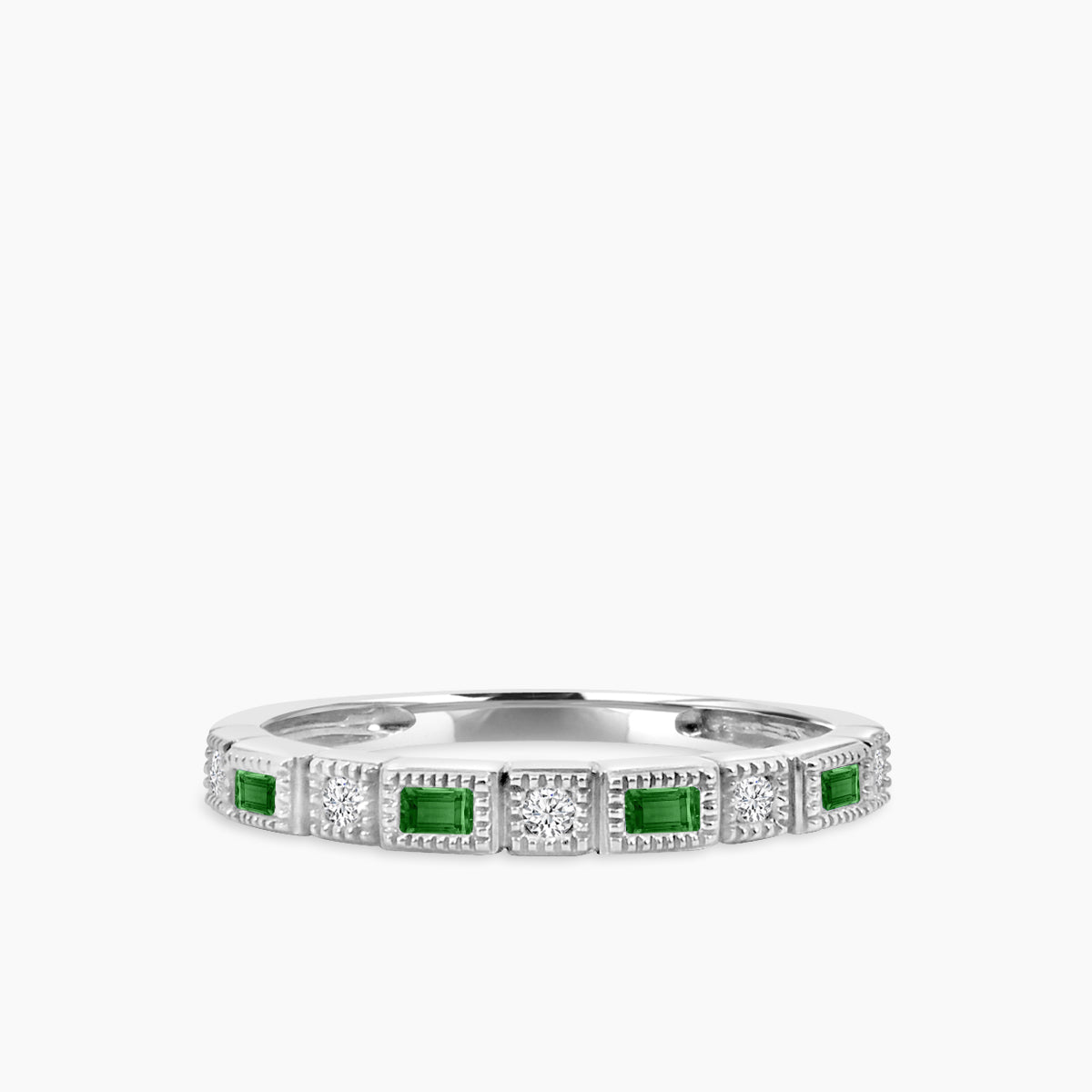 10K 0.07 Ctw Squared & Baguette Bezel Miligrain Dia Band Esmerald/Sapphire/Ruby