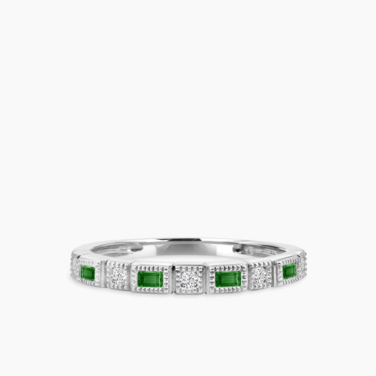 10K 0.07 Ctw Squared & Baguette Bezel Miligrain Dia Band Esmerald/Sapphire/Ruby