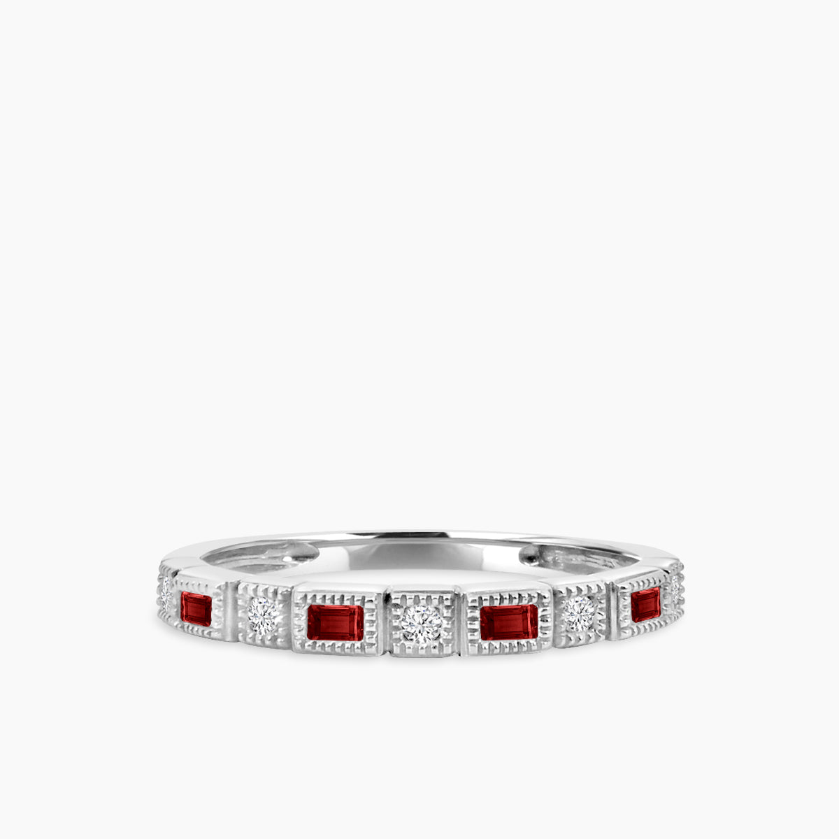 10K 0.07 Ctw Squared & Baguette Bezel Miligrain Dia Band Esmerald/Sapphire/Ruby