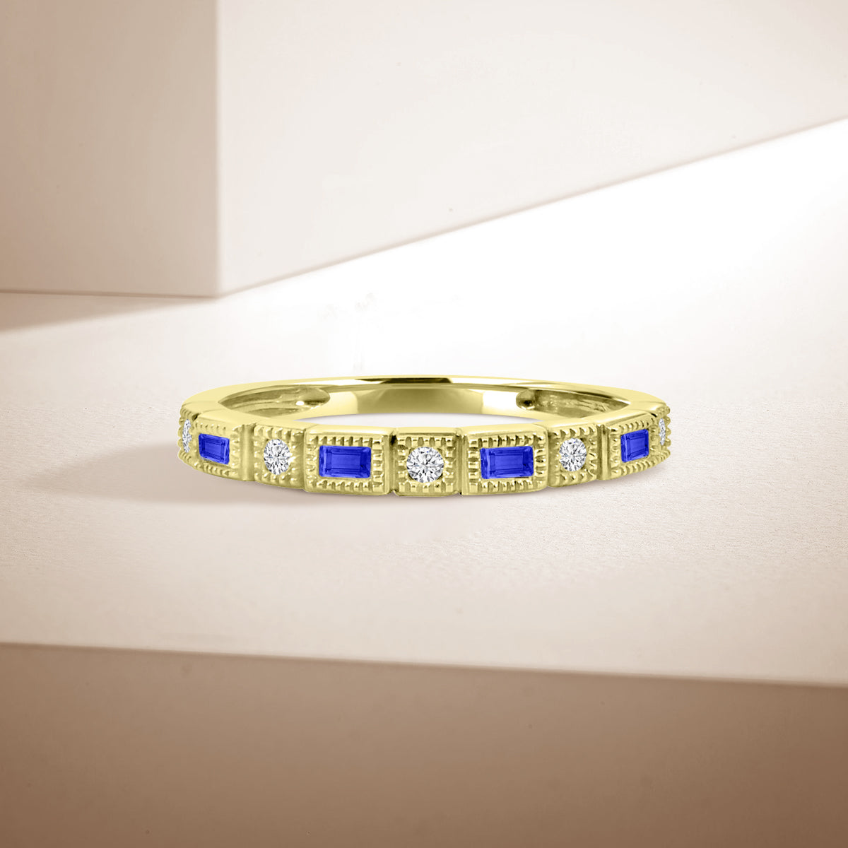 10K 0.07 Ctw Squared & Baguette Bezel Miligrain Dia Band Esmerald/Sapphire/Ruby