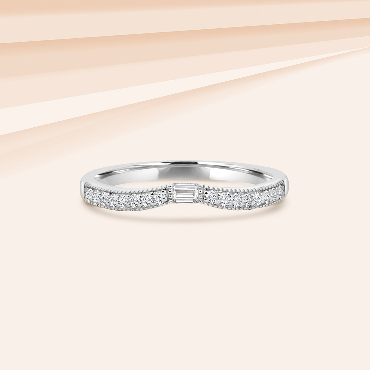 14KW 0.25 Ctw Curved Centered Baguette With Milgrain Diamond Band