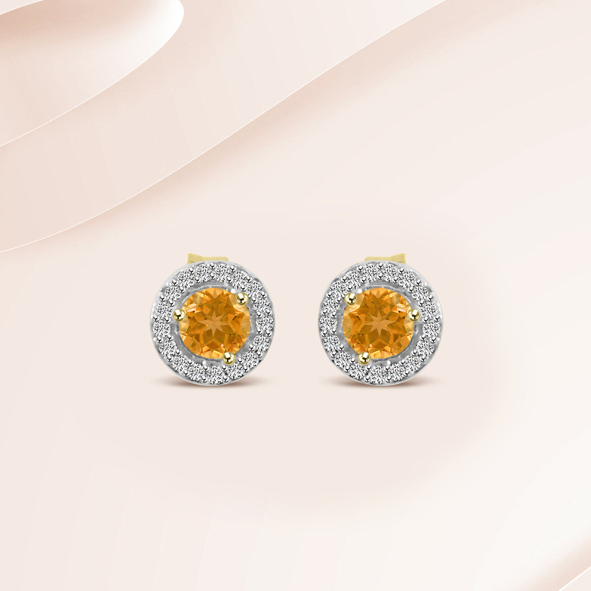 14KY 0.10 Ctw Halo Diamond and Round Citrine Stud Earring